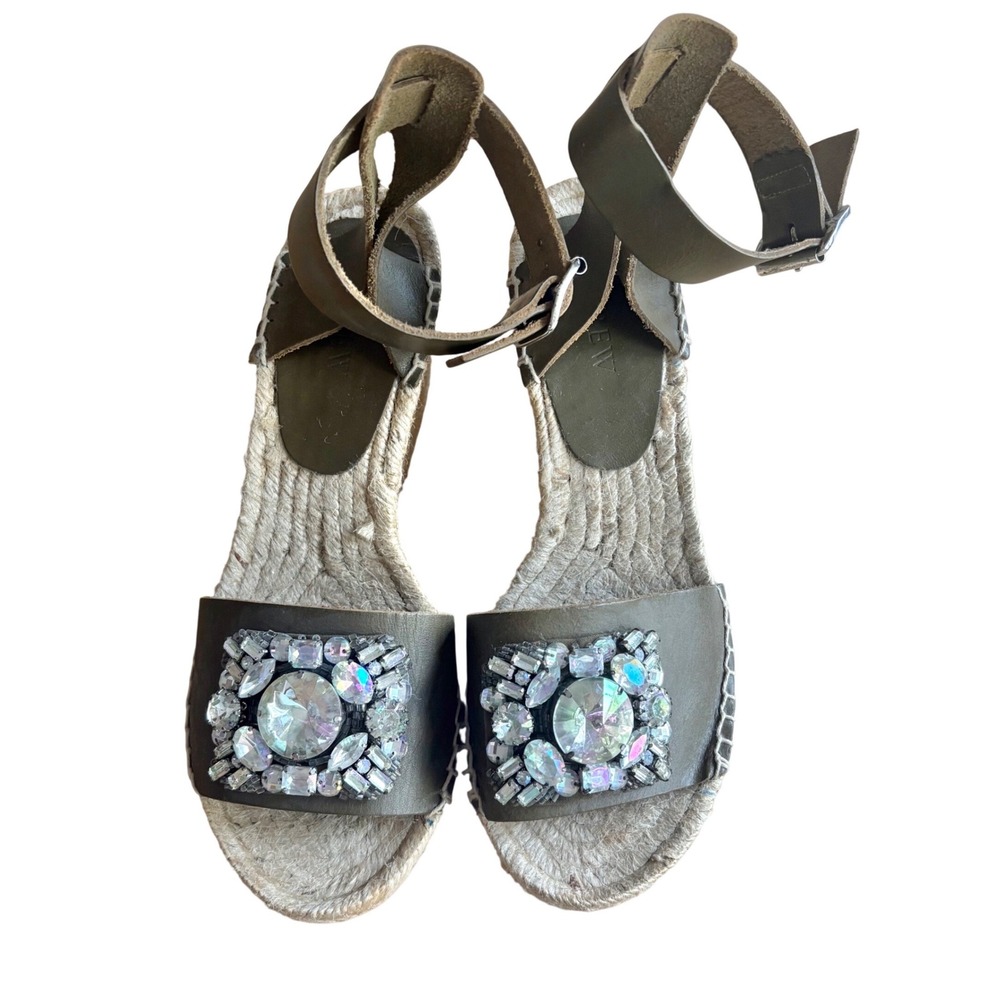 J. Crew Factory Olive Green Jeweled Espadrille Wedge Sandals